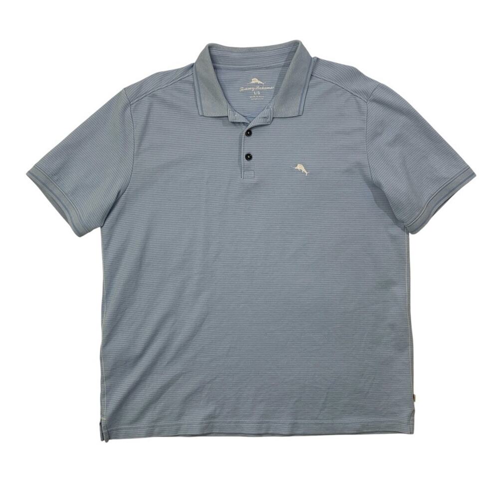 Tommy Bahama Polo Shirt Mens Large Blue White Cotton Blend Striped Short Sleeve